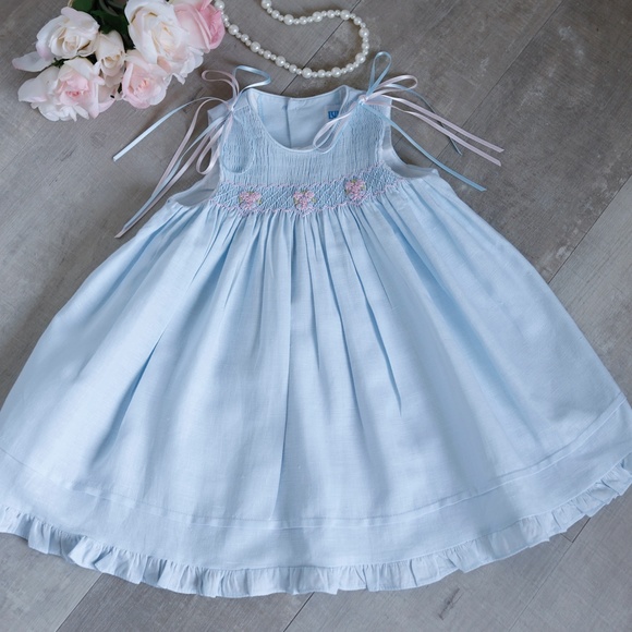 Smocked Linen Sundress Blue size 9 Months Luli & Me Embroidery Summer Vacation - Picture 1 of 5